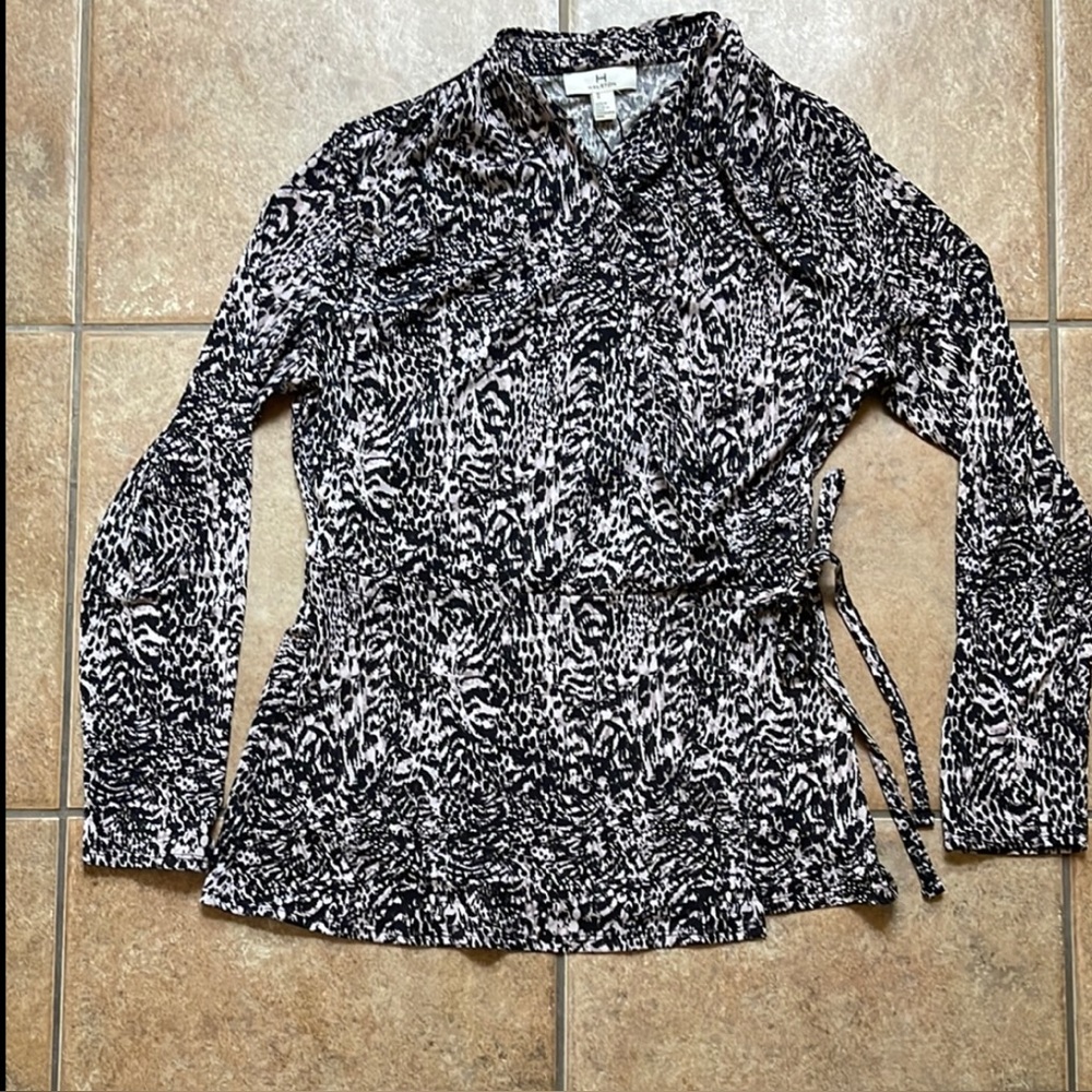Halston Heritage Black and White Wrap Elegant Blouse with Tie Front.